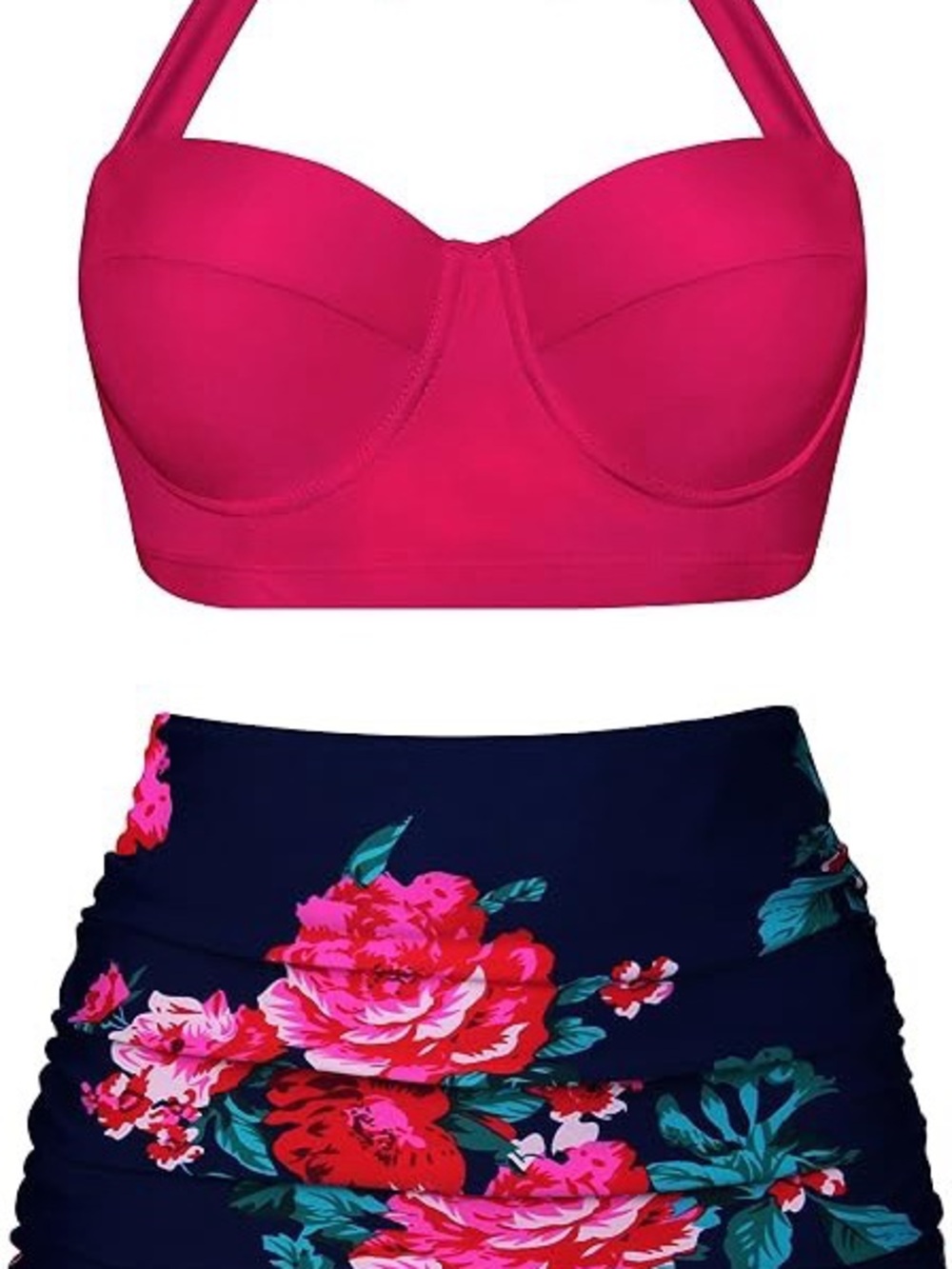Fuchsia Halter Bikini Top with Navy Floral High-Waist Bottom Size XL